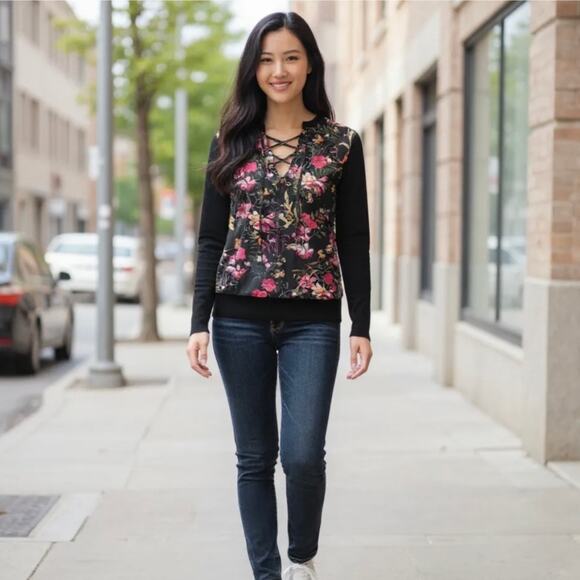 Ted Baker Sweaters - Ted Baker Black Floral Graciiy Lace Up Long Sleeve Sweater